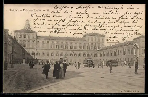 AK Torino, Palazzo Reale con tram e folla in piazza