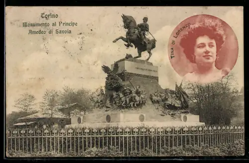 AK Torino, Monumento al Principe Amedeo di Savoia con ritratto di Tina di Lorenzo