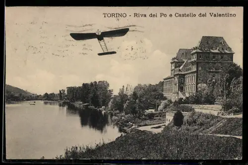 AK Torino, Riva del Po e Castello del Valentino con aeroplano in volo