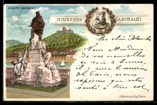 Lithographie Torino, Monumento con statua di Garibaldi e sfondo paesaggistico