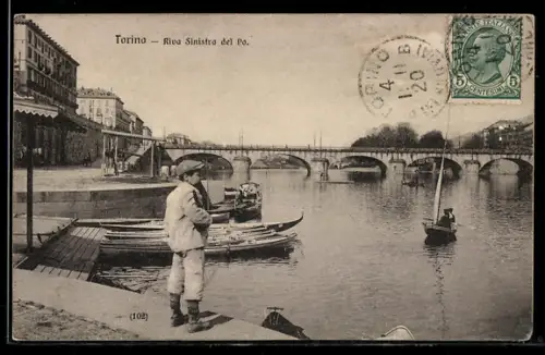 AK Torino, Riva Sinistra del Po con barche e ponte sullo sfondo