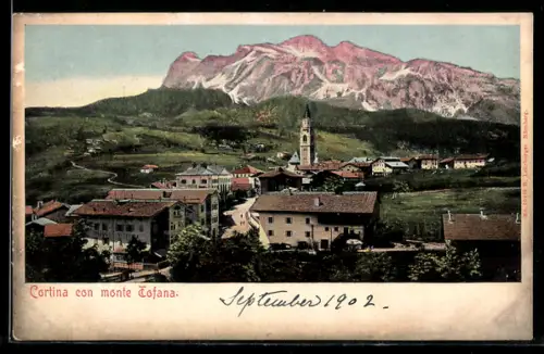 AK Cortina, Vista su Monte Tofana con il paese sottostante e la chiesa al centro