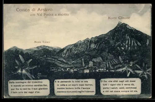 AK Arsiero, Conca di Arsiero con Val Posina a sinistra, Monte Cimone e Monte Toraro nello sfondo alpino
