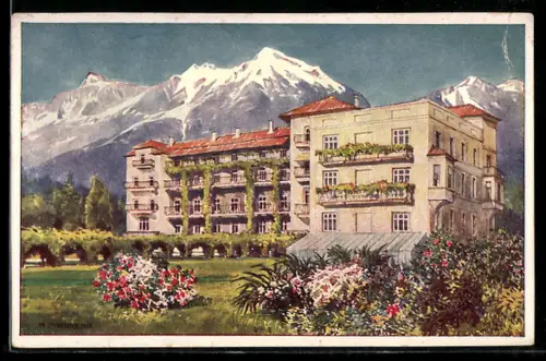 Künstler-AK Merano, Sanatorium Stefanie Dr. Binder con vista sulle montagne innevate