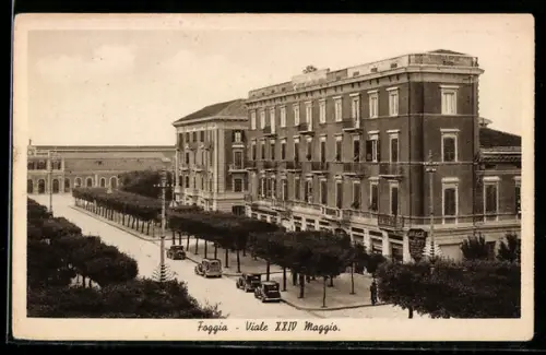 AK Foggia, Viale XXIV Maggio con automobili e alberi lungo la strada