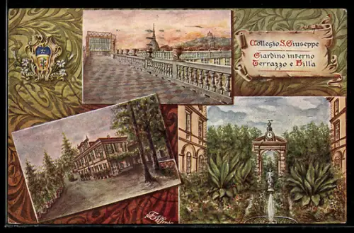 Künstler-AK Torino, Collegio S. Giuseppe, Giardino interno, Terrazzo e Villa