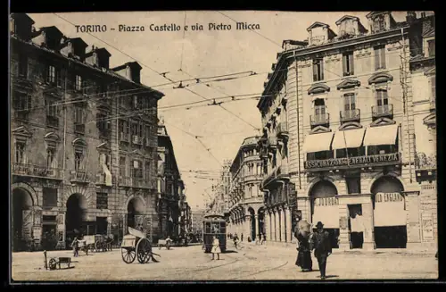 AK Torino, Piazza Castello e via Pietro Micca con tram e carrozza a cavallo