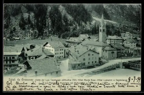 AK Gressoney /Valle del Lys, Hotel Monte Rosa e Hotel Lyskamm con chiesa e montagne sullo sfondo