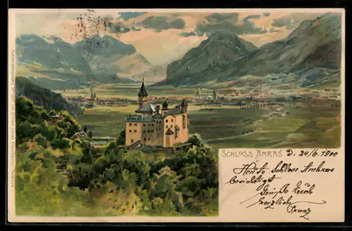 Lithographie Innsbruck, Vista del Castello Ambras con paesaggio montano sullo sfondo