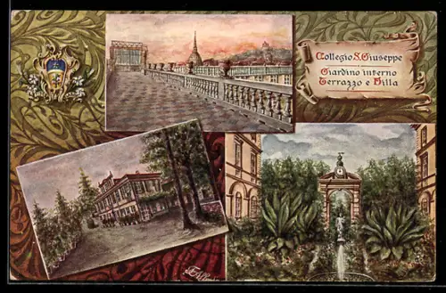 Künstler-AK Torino, Collegio S. Giuseppe, giardino interno e terrazzo della villa