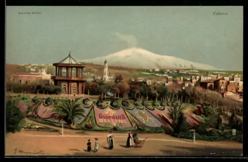 Künstler-AK Catania, Giardino Bellini con vista sull`Etna in lontananza