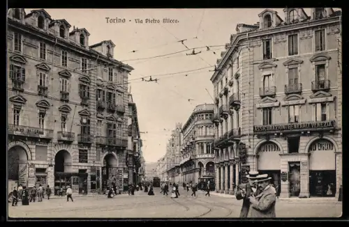 AK Torino, Via Pietro Micca con tram e persone in abiti d`epoca