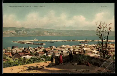 Künstler-AK Messina, Panorama con veduta del porto e costa di Calabria