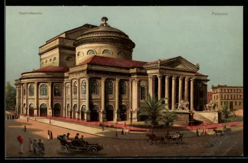 Künstler-AK Palermo, Teatro Massimo con carrozze e passanti