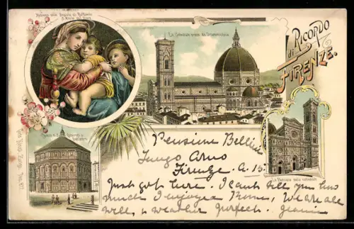 Lithographie Firenze, Ricordo con Duomo e opere d`arte