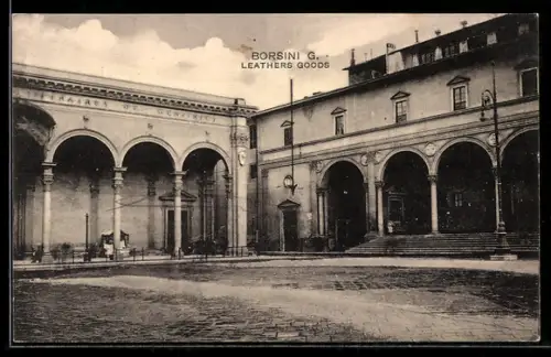 AK Firenze, Piazza SS. Annunziata con portici monumentali e facciata di Borsini G. Leathers Goods