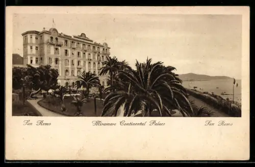 AK San Remo, Miramare Continental Palace con palme e vista mare
