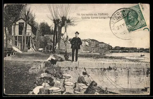 AK Torino, Veduta Corso Lungo Po, mit Mann und Wäscherinnen am Flussufer