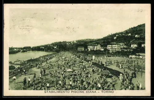 AK Torino, Stabilimento Piscine Diana affollato con bagnanti e vista sulle colline circostanti