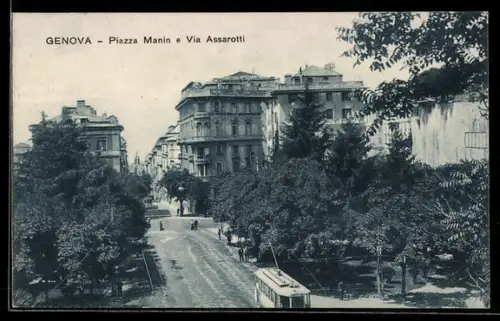 AK Genova, Piazza Manin e Via Assarotti con tram e alberi lungo la strada