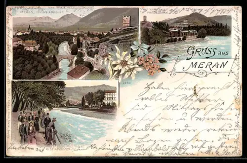 Lithographie Meran, Giselapromenade, Wandelbahn und Totalansicht