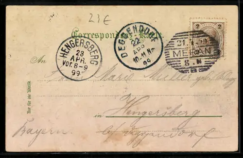 Lithographie Meran, Giselapromenade, Wandelbahn und Totalansicht