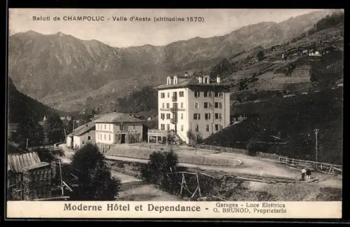 AK Champoluc /Valle d`Aosta, Moderne Hôtel et Dependance con montagne sullo sfondo