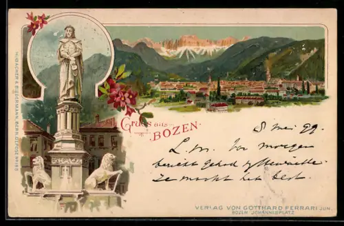 Lithographie Bozen, Statua e vista panoramica della città e montagne sullo sfondo