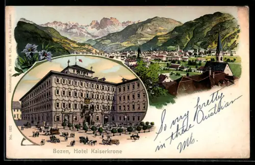 Lithographie Bozen, Hotel Kaiserkrone und Totalansicht