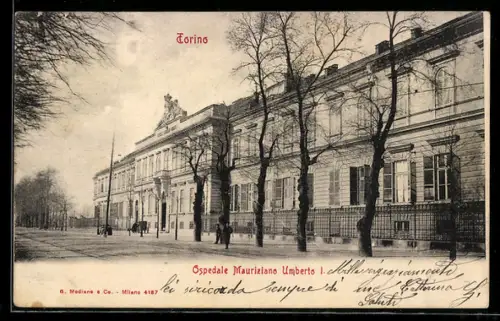 AK Torino, Ospedale Mauriziano Umberto I, vista dell`edificio con alberi spogli lungo la strada