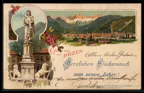 Lithographie Bozen, Veduta panoramica con monumento e montagne sullo sfondo