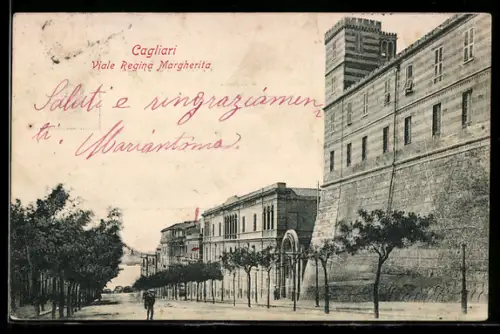 AK Cagliari, Viale Regina Margherita con edifici storici e alberi lungo la strada