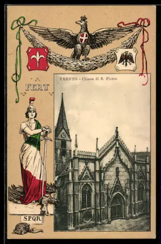 AK Trento, Chiesa di San Pietro, Italia mit Nationalfarben, Adler mit Wappen