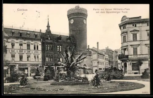 AK Cottbus, Partie am Kaiser Wilhelm-Platz mit dem Spremberger Turm