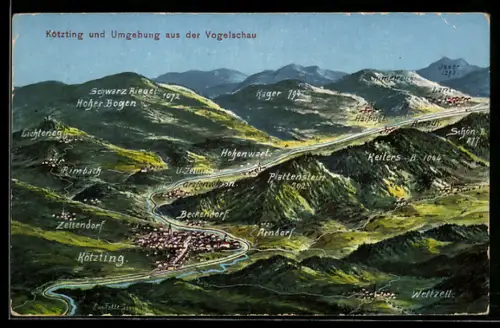 Künstler-AK Eugen Felle: Kötzting, Ortsansicht mit Umgebung aus der Vogelschau