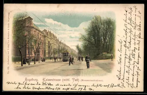 Lithographie Augsburg, Blick in die Kaiserstrasse m. Strassenbahn