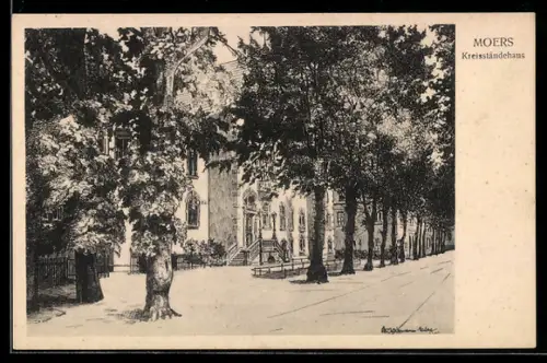 Künstler-AK Moers, Kreisständehaus mit Strassenpartie