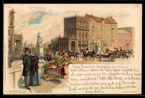 Lithographie Berlin-Kreuzberg, Hallesches Tor, Kaiserin kehrt vom Paradefelde zurück