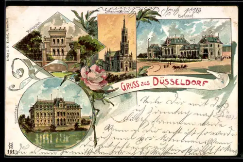 Lithographie Düsseldorf, Bahnhof, Malkasten, Johanneskirche, Ständehaus