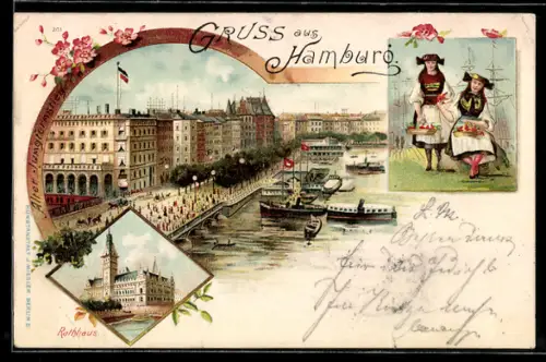 Lithographie Hamburg-Neustadt, Frauen in Tracht, Rathaus und Alter Jungfernstieg