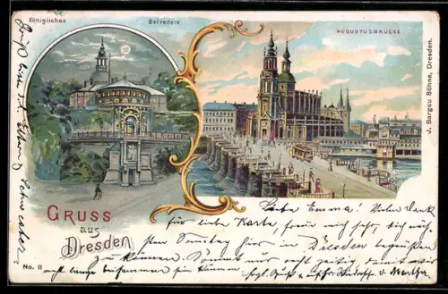 Lithographie Dresden, Belvedere bei Mondenschein, Augustusbrücke