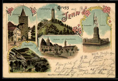 Lithographie Jena, Burschenschaftsdenkmal, Fuchsturm, Affenturm