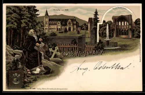 Lithographie Heisterbach, Kirche, Ruine Heisterbach, Pilger