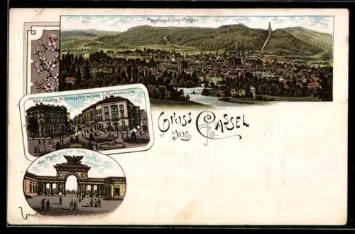 Lithographie Cassel, Friedrich Wilhelmsplatz mit Löwenbrunnen, Am Thor