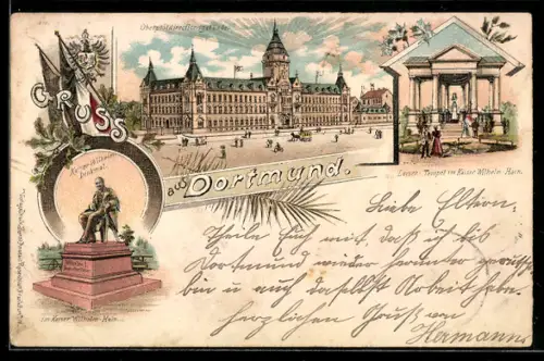 Lithographie Dortmund, Oberpostdirectionsgebäude, Luisen-Tempel im Kaiser Wilhelm-Hain, Kaiser Wilhelm-Denkmal