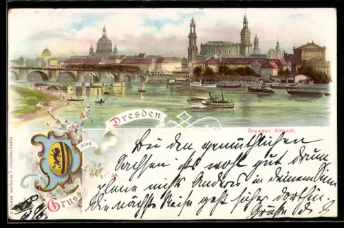 Lithographie Dresden, Altstadt, Elbbrücke, Stadtsilhouette