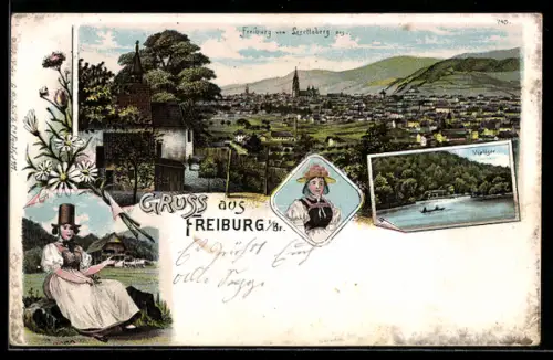 Lithographie Freiburg i. Br., Ortsansicht, Waldsee, Tracht