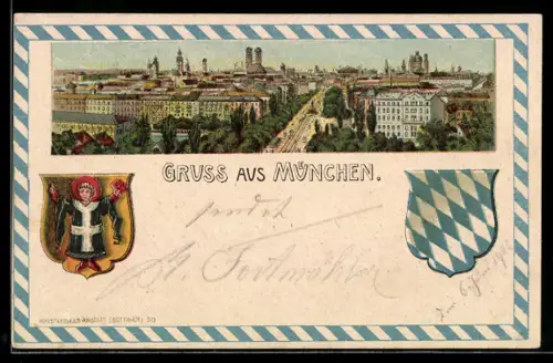 Lithographie München, Stadtpanorama mit Frauenkirche und Stadtwappen