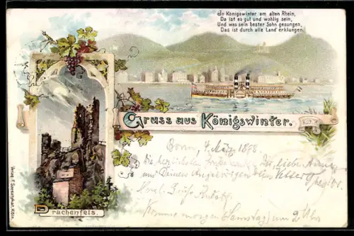 Lithographie Königswinter, Drachenfels, Rheinpartie mit Dampfschiff