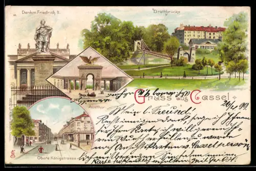 Lithographie Cassel, Denkmal Friedrich II., Drahtbrücke, Auethor, Obere Königstrasse